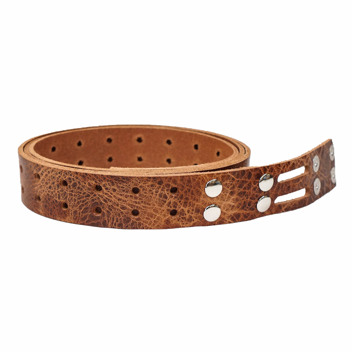 100-2079.SLC.1.jpg 1 1/2" Vintage Tan Buffalo Double Hole Belt Blank w/ Snaps Image