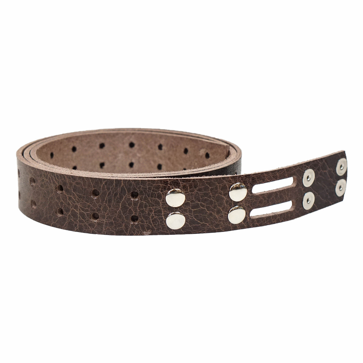100-2069.SLC.1.jpg 1 1/2" Vintage Chocolate Buffalo Double Hole Belt Blank w/ Snaps Image