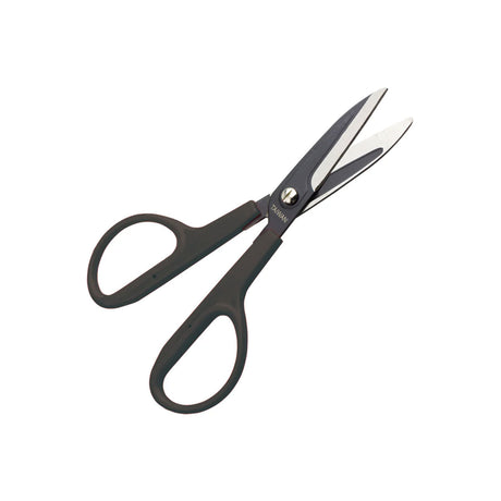 Black-handled scissors on a white background